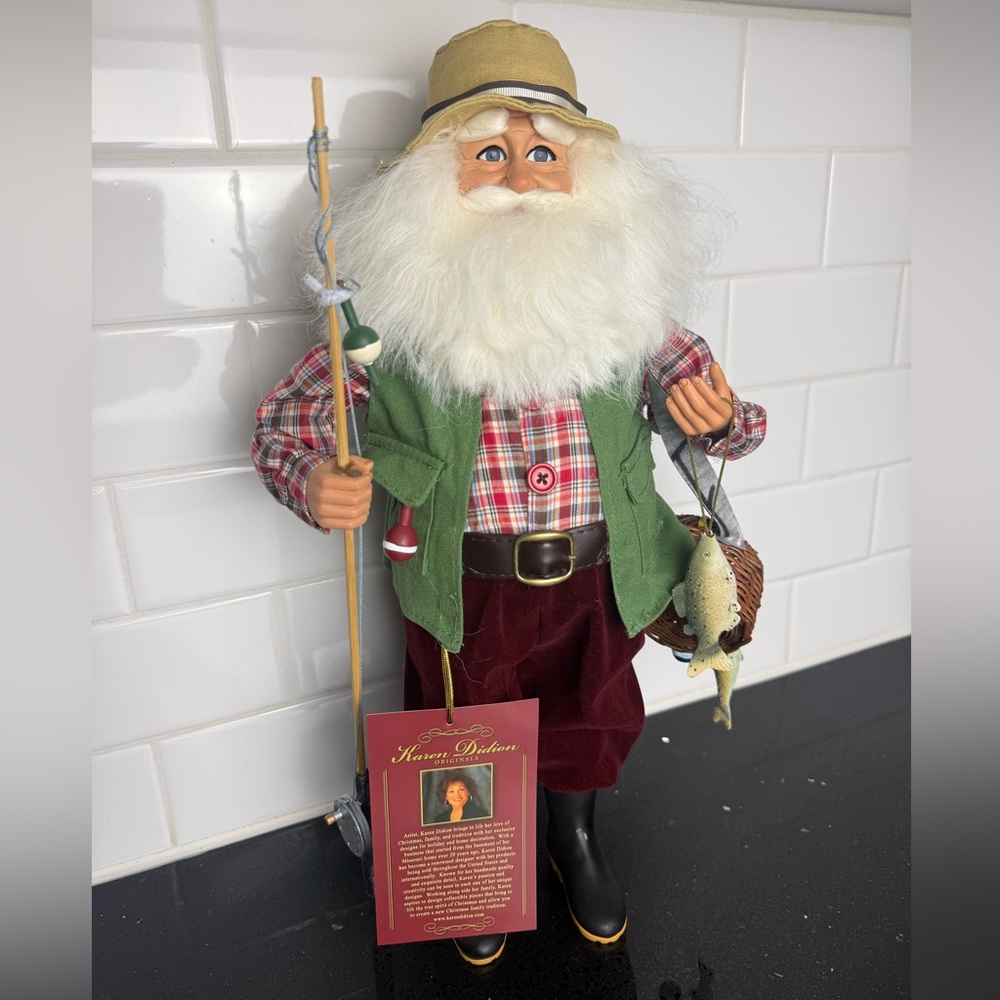 Karen Didion Originals Fishing Santa Figurine, 17 Inches - Handmade NEW - NO BOX - Picture 1 of 13